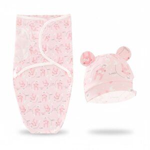 Baby Swaddle Blanket & Hat Set Pink Bunny Print Cotton Newborn Infant Gift